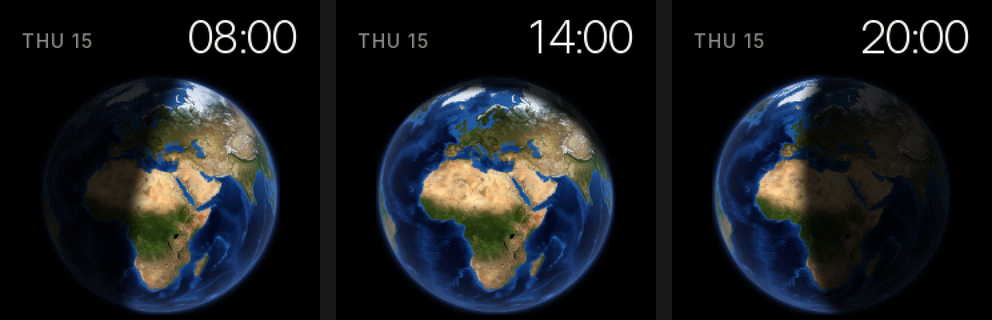 The Globe face at 8:00, 14:00 and 20:00 Moscow time on October 15: in the morning the night still covers the Atlantic and West Africa, at two in the afternoon the whole side is lit, at eight in the evening the night covers Europe and most of Africa