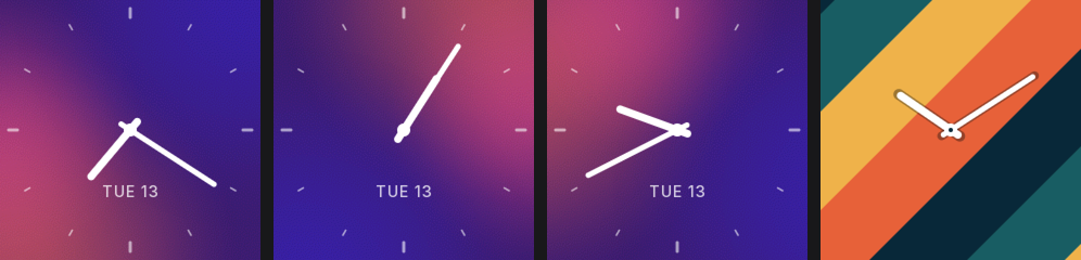 Glow at 7:20 with the warm side down on the left, at 13:05 with it at the top right and at 21:40 with it on the left; then Bands: teal, gold, coral and dark blue stripes with white hands