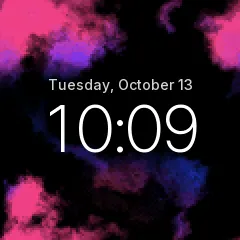 Haze: blue, violet and pink smoke slowly drifting across the screen, with “Tuesday, October 13” and a big 10:09 over it