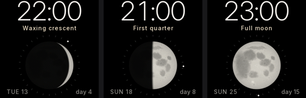 The Phase face on three nights: a thin waxing crescent on October 13 (lunar day 4), the first quarter on October 18 (day 8), the full moon on October 25 (day 15). The dot on the ring of thirty marks moves along with the lunar month
