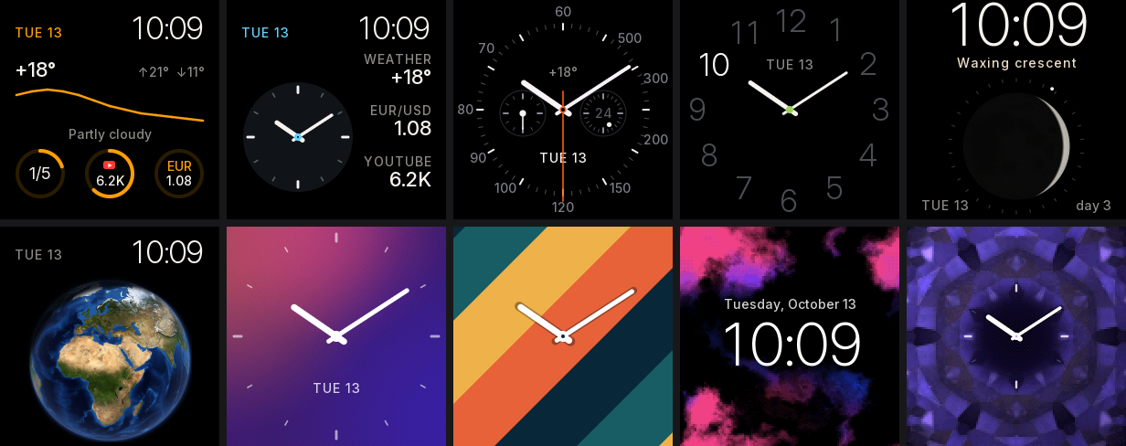 All ten faces at 10:09 on a Tuesday: Grid, Tandem, Tachymeter, Rim, Phase, then Globe, Glow, Bands, Haze and Prism