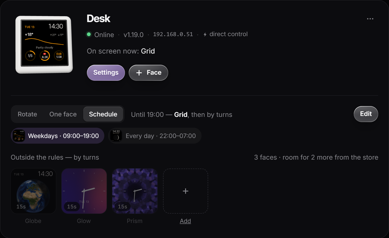 A screen called Desk in a ToyTool account, in Schedule mode, with two rules: Weekdays 09:00–19:00 showing Grid, and Every day 22:00–07:00 showing Phase; the rotation outside the rules has Globe, Glow and Prism
