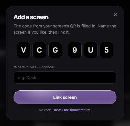 The “Add a screen” dialog in a ToyTool account with the code VCG9U5 filled in, an optional name field and a Link screen button