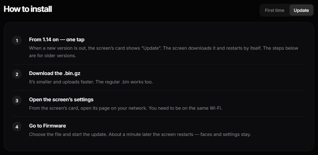 The “How to install” steps in a ToyTool account with the Update tab selected: one-tap update from 1.14 on, or download the .bin.gz and flash it from the screen’s page
