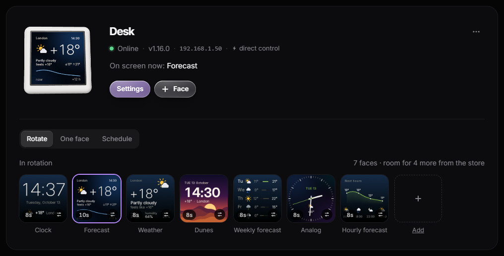 A screen’s card in a ToyTool account: a picture of the screen showing the weather for London, “Online · v1.16.0 · 192.168.1.50”, the face on screen now, buttons for Settings and adding a face, and the rotation of seven faces with their timings