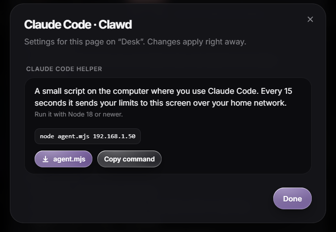 The Clawd face’s settings in a ToyTool account: “Claude Code helper — a small script on the computer where you use Claude Code. Every 15 seconds it sends your limits to this screen over your home network”, the command “node agent.mjs 192.168.1.50”, a download button for agent.mjs and a “Copy command” button