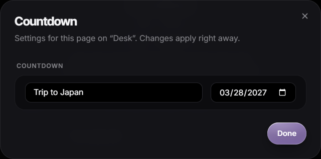 The Countdown settings in a ToyTool account: “Settings for this page on Desk. Changes apply right away.”, a field with “Trip to Japan”, a date field with 03/28/2027 and a Done button