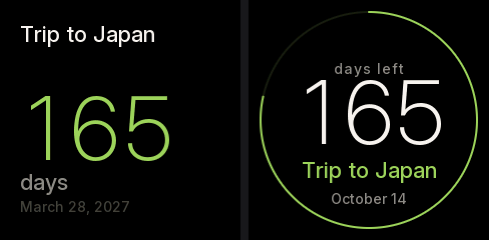 Two countdown pages on the 240×240 screen: the built-in Countdown with “Trip to Japan” on top, a big green 165, “days” and March 28, 2027 below; and the Countdown face with “days left”, a white 165, “Trip to Japan” in green and a ring around the edge