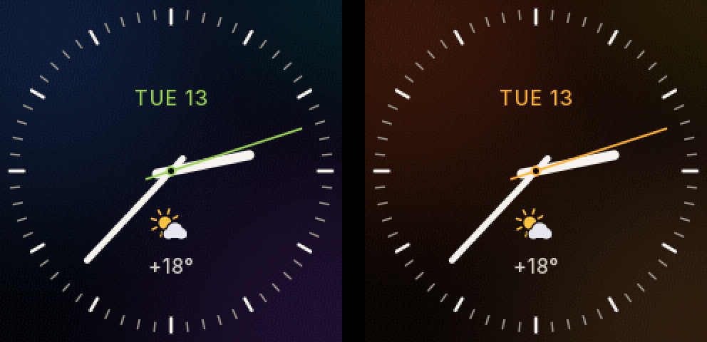 The Analog face twice: on the left as it comes, with a blue-violet background and a green accent; on the right recoloured with warm brown blobs and an orange date and seconds hand