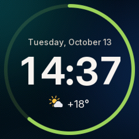 The Desk face: an accent-coloured ring around “Tuesday, October 13”, a bold “14:37” and a sun-and-cloud icon with +18°, on a dark blue background