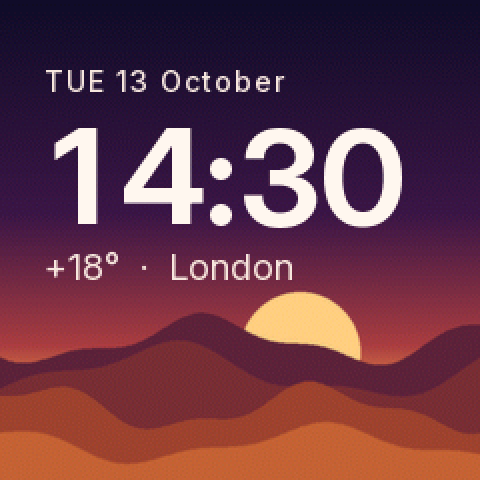 The Dunes face: “TUE 13 October”, a large “14:30” and “+18° · London” in warm white over orange dunes and a setting sun under a purple sky