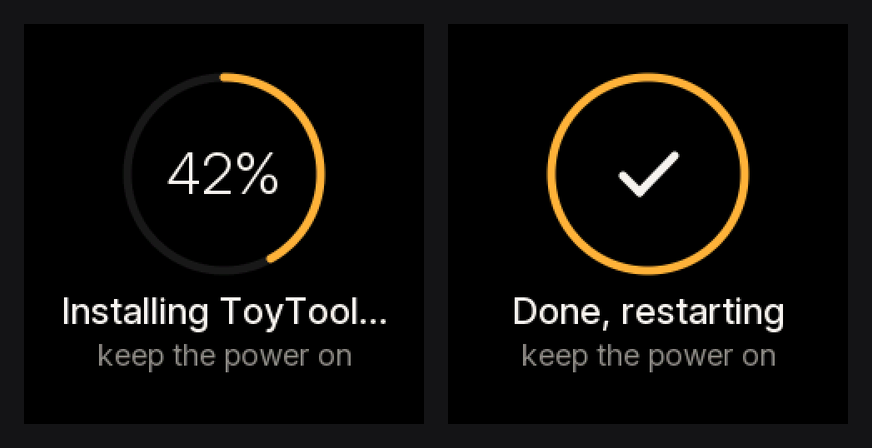 Two screens rendered by the installer’s own drawing code: a progress ring at 42% with “Installing ToyTool…, keep the power on”, and a full ring with a check mark and “Done, restarting”