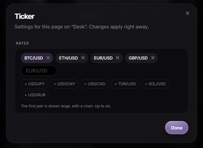 The Rates settings in a ToyTool account for a screen named Desk: BTC/USD, ETH/USD, EUR/USD and GBP/USD as chips, a field for another pair and suggestions such as USD/JPY, USD/CNY, TON/USD and SOL/USD