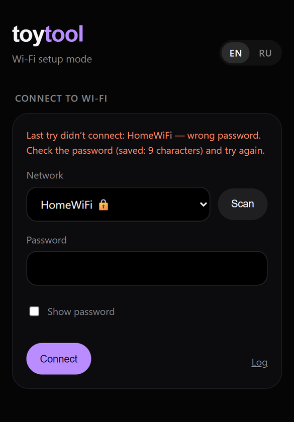 ToyTool Firmware’s setup page on a phone: “Wi‑Fi setup mode”, the message “Last try didn’t connect: HomeWiFi — wrong password. Check the password (saved: 9 characters) and try again.”, a network list, a password field with Show password, a Connect button and a Log link