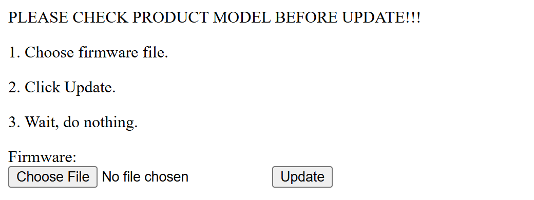 GeekMagic’s stock update page with the warning “PLEASE CHECK PRODUCT MODEL BEFORE UPDATE!!!” above the steps and the firmware file chooser