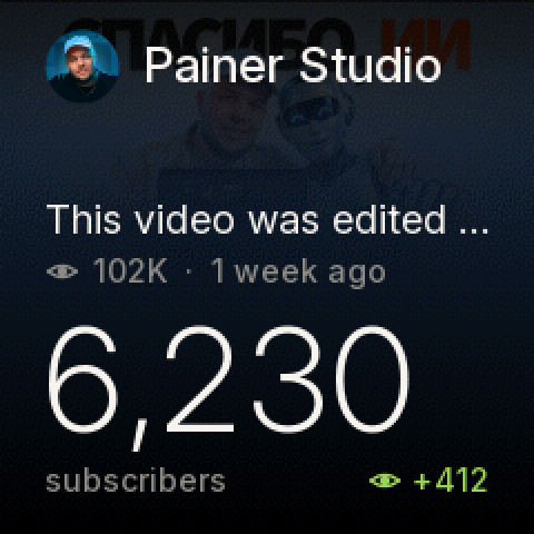 The built-in YouTube screen: the channel avatar and name, the latest video’s title with 102K views and “1 week ago”, the subscriber count 6,230 in large digits and “+412” views today, with the video thumbnail dimmed in the background
