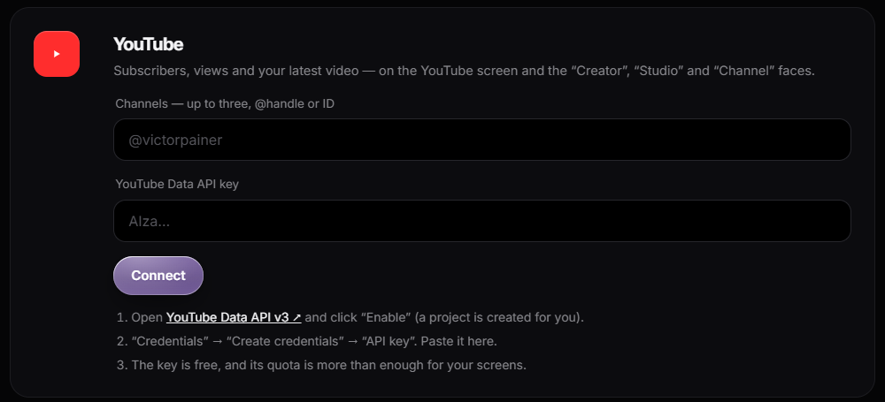 The Connectors page of a ToyTool account with the YouTube card: “Channels — up to three, @handle or ID”, “YouTube Data API key”, a Connect button and the three steps to get a key