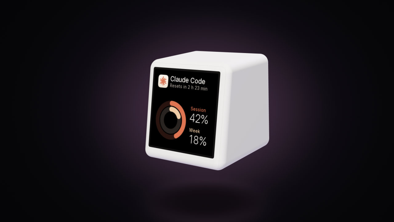 The ToyTool mascot, a SmallTV-Ultra, showing the Claude Code watch face
