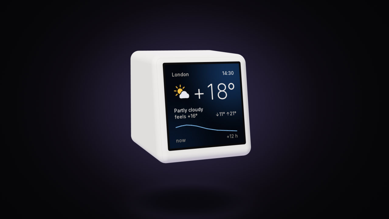 The ToyTool mascot, a SmallTV-Ultra, showing the Forecast watch face