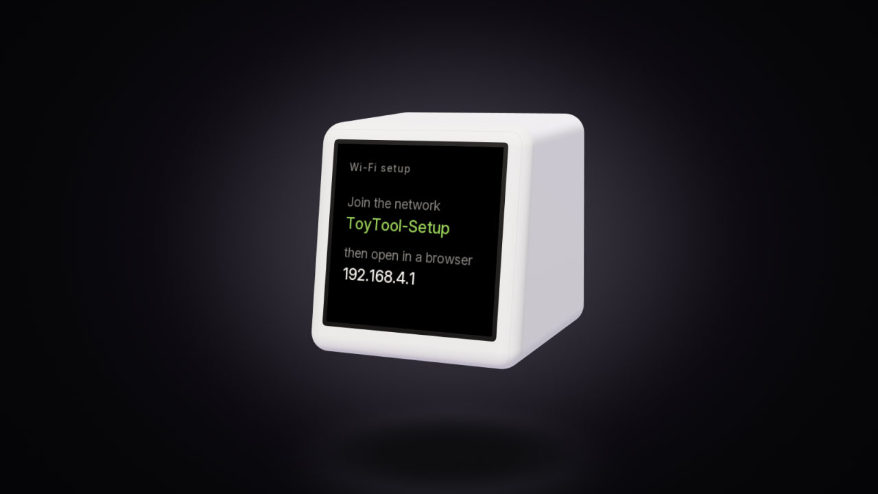 The ToyTool mascot, a SmallTV-Ultra, showing the Wi‑Fi setup screen